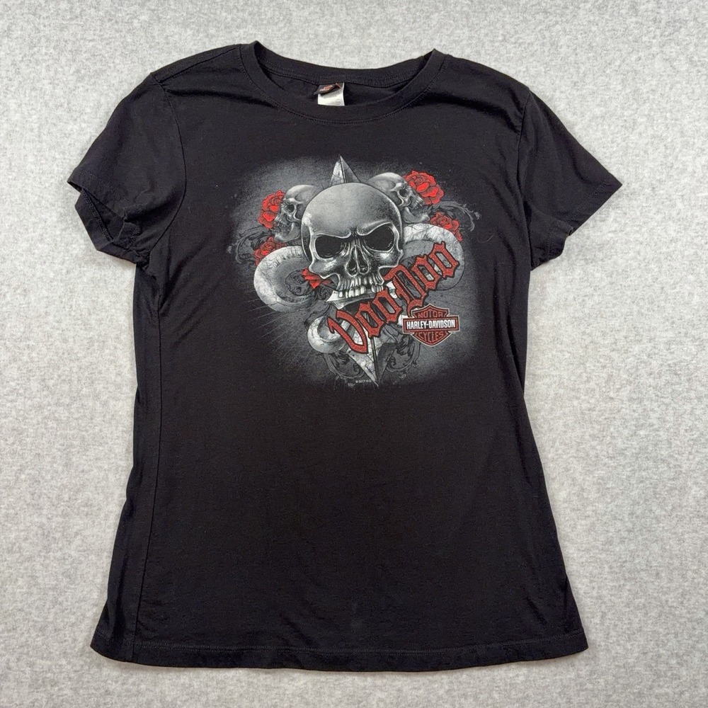 Harley-Davidson Womens L Black VooDoo Skull Graphic T Shirt New Orleans 2017